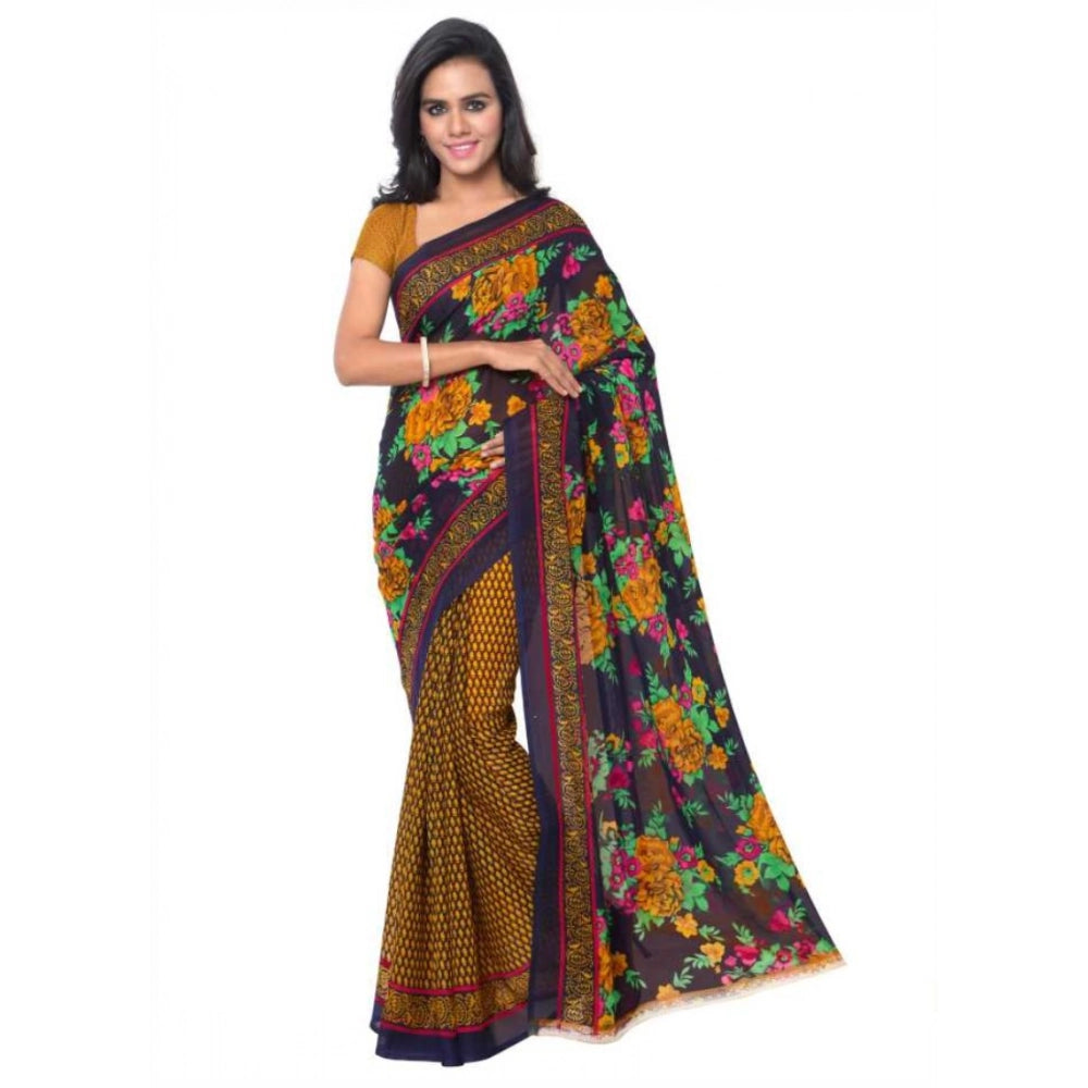 Printed Faux Georgette Gold Color Saree