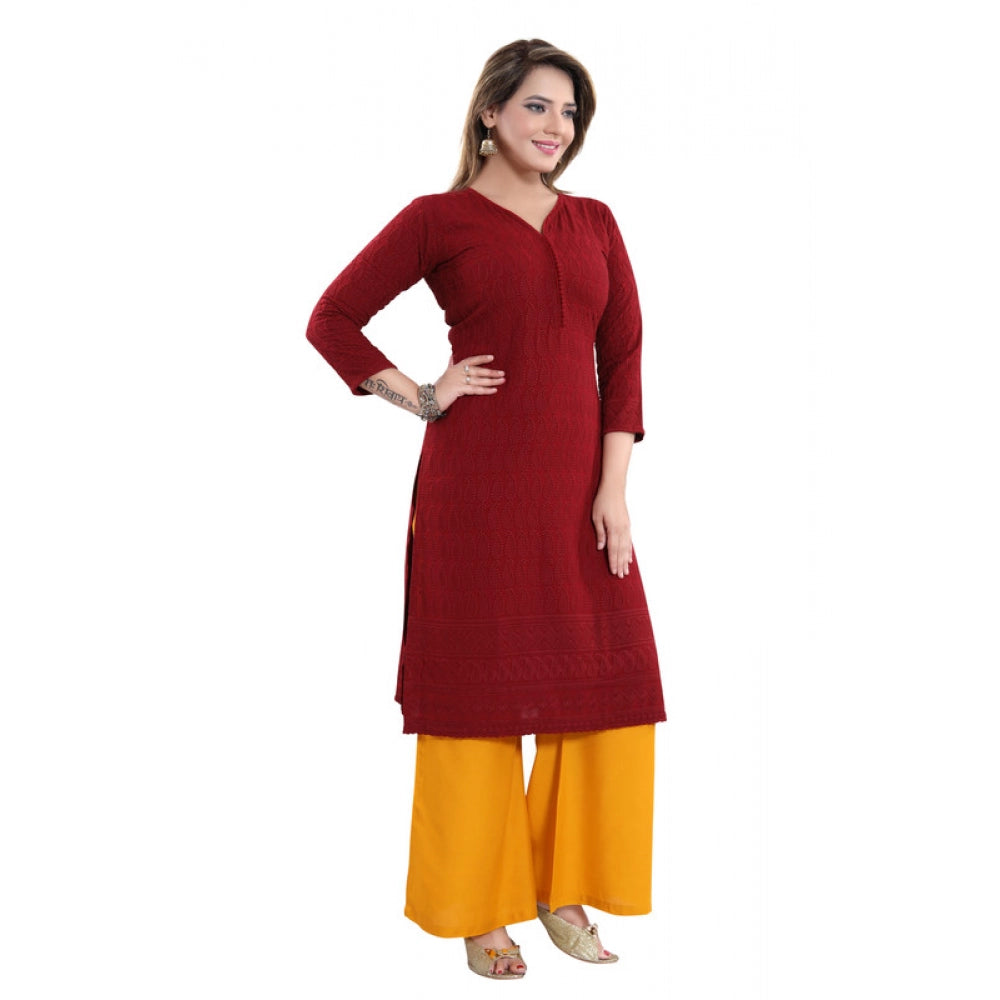 Rayon Embroidered Straight Kurti-Maroon