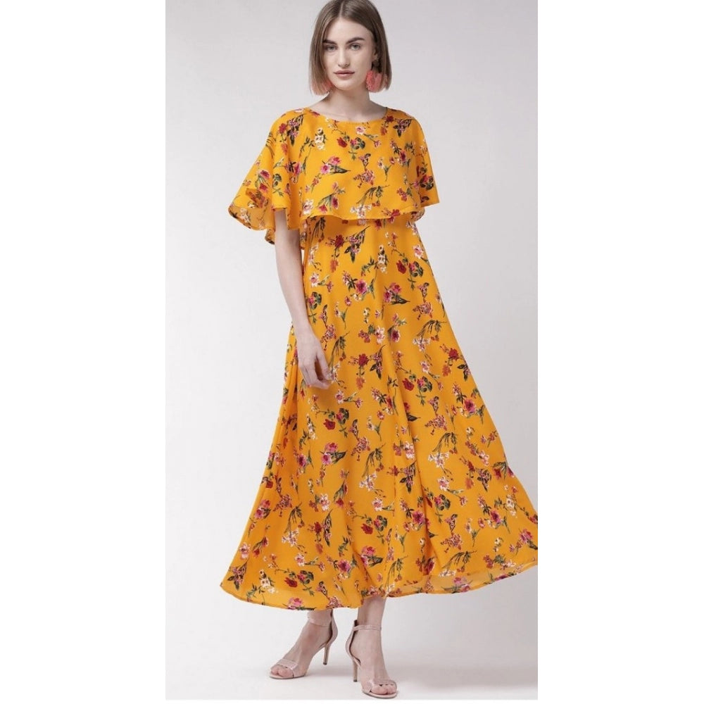 Crepe Floral Half Sleeves Full Length Gown