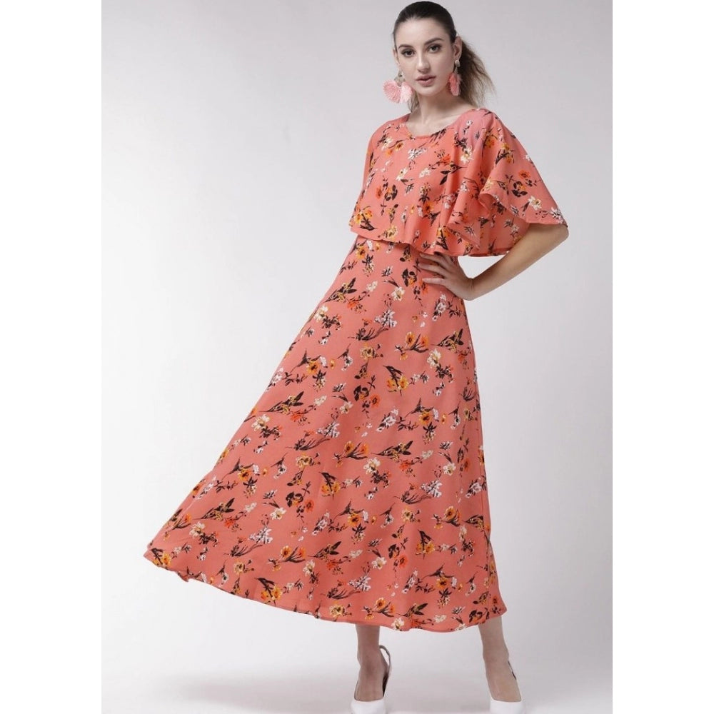 Crepe Floral Half Sleeves Full Length Gown