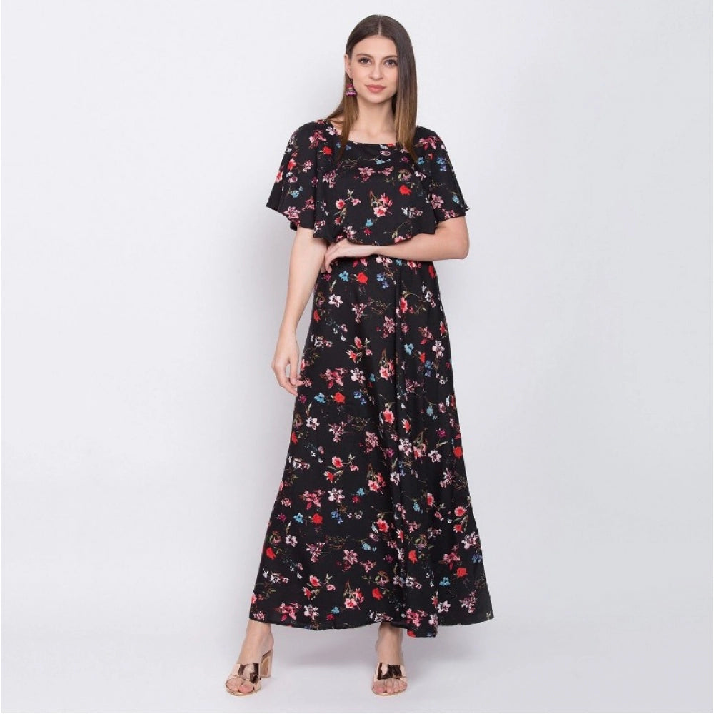 Crepe Floral Half Sleeves Full Length Gown