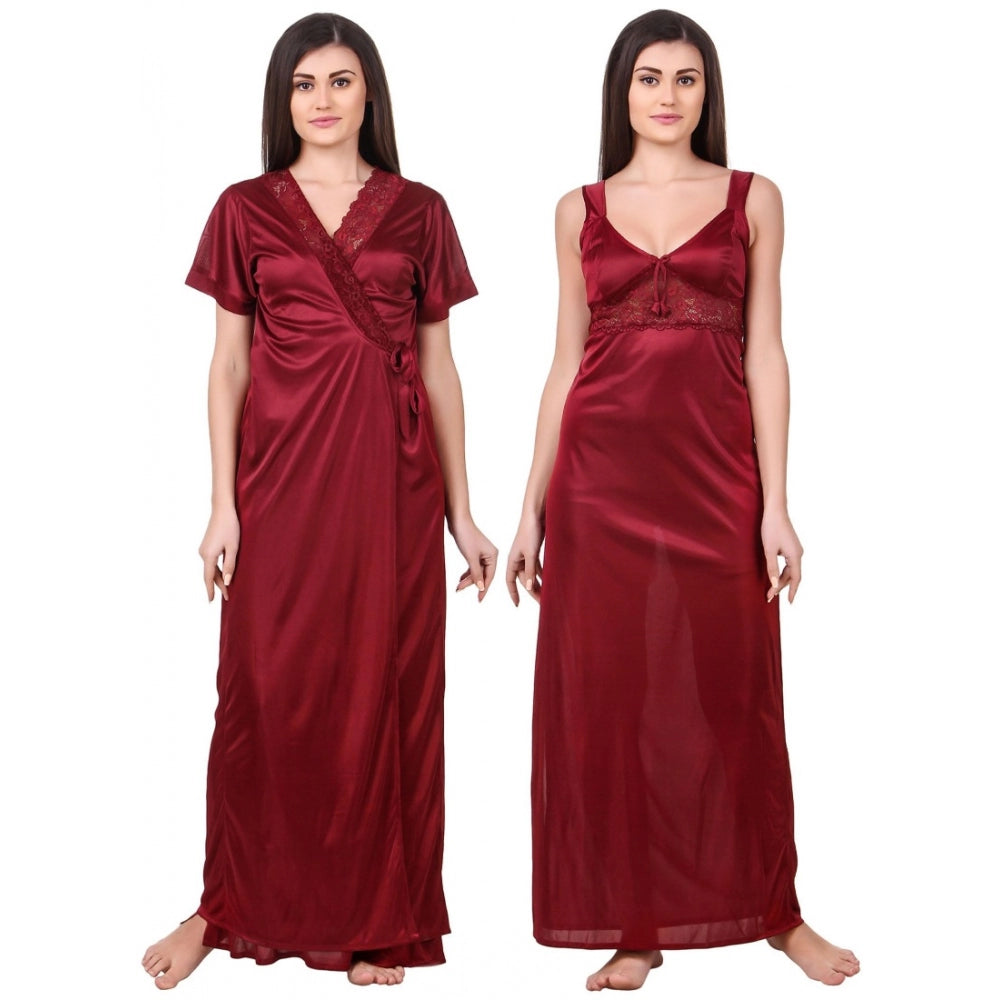 Satin 2 PCs Set of Nighty And Wrap Gown with Half Sleeve