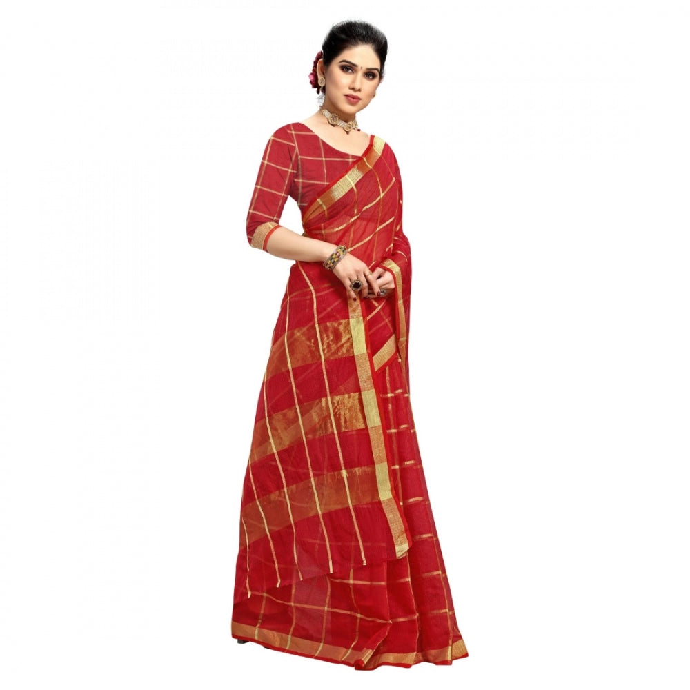 Kota Doria Cotton Checkered Saree With Blouse