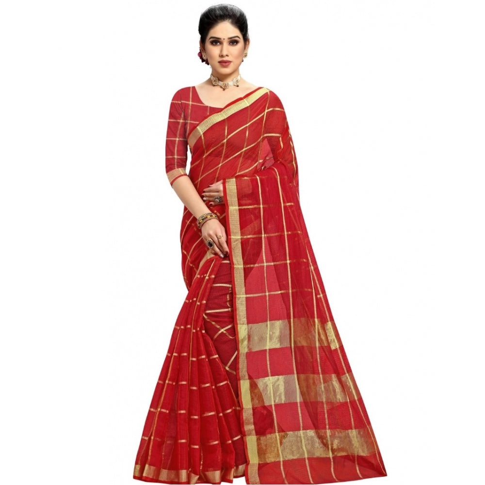 Kota Doria Cotton Checkered Saree With Blouse