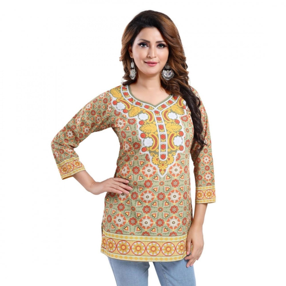 Quarter Sleeve Faux Crepe Printed Short Kurti Tunic Top