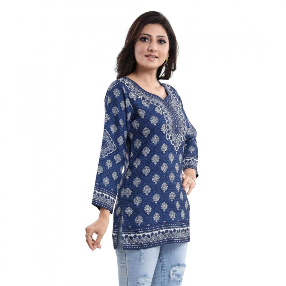 Quarter Sleeve Faux Crepe Printed Short Kurti Tunic Top