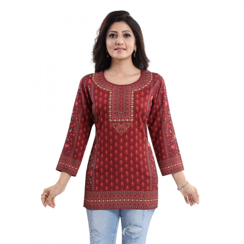 Quarter Sleeve Faux Crepe Printed Short Kurti Tunic Top