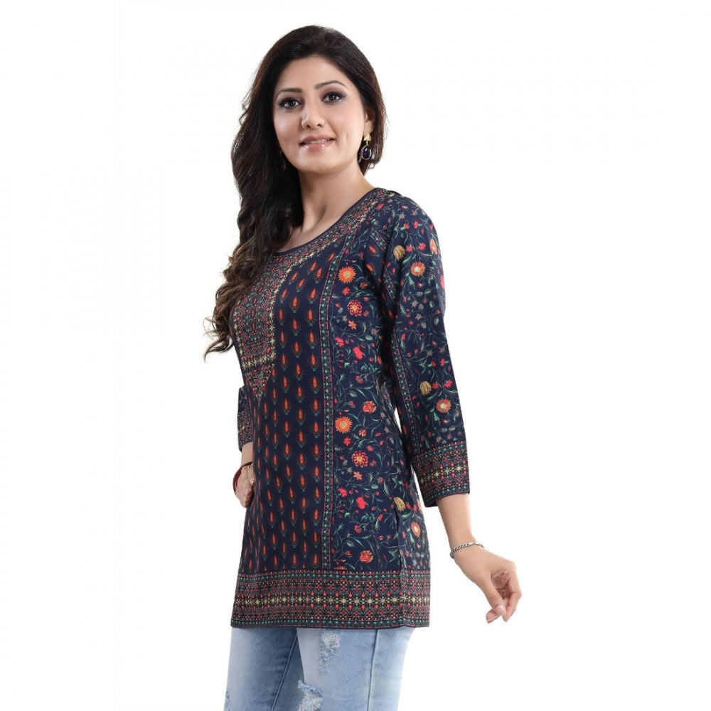 Quarter Sleeve Faux Crepe Printed Short Kurti Tunic Top