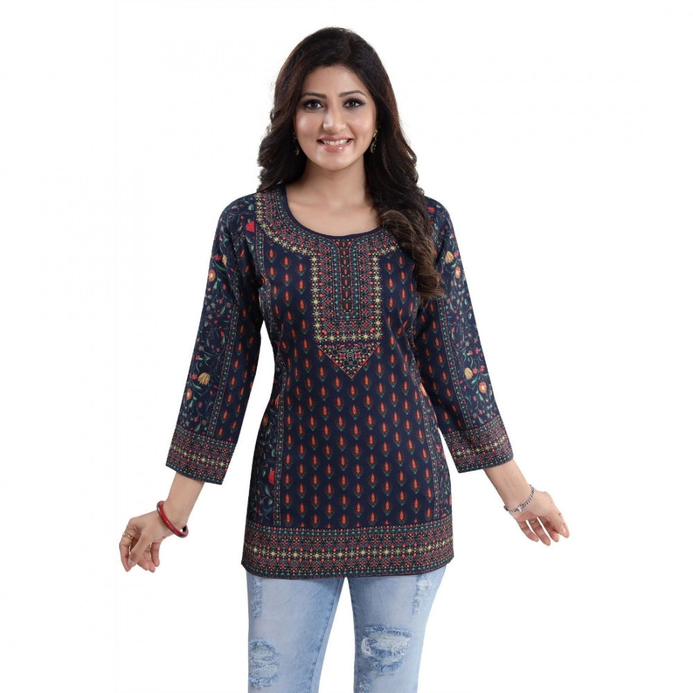 Quarter Sleeve Faux Crepe Printed Short Kurti Tunic Top