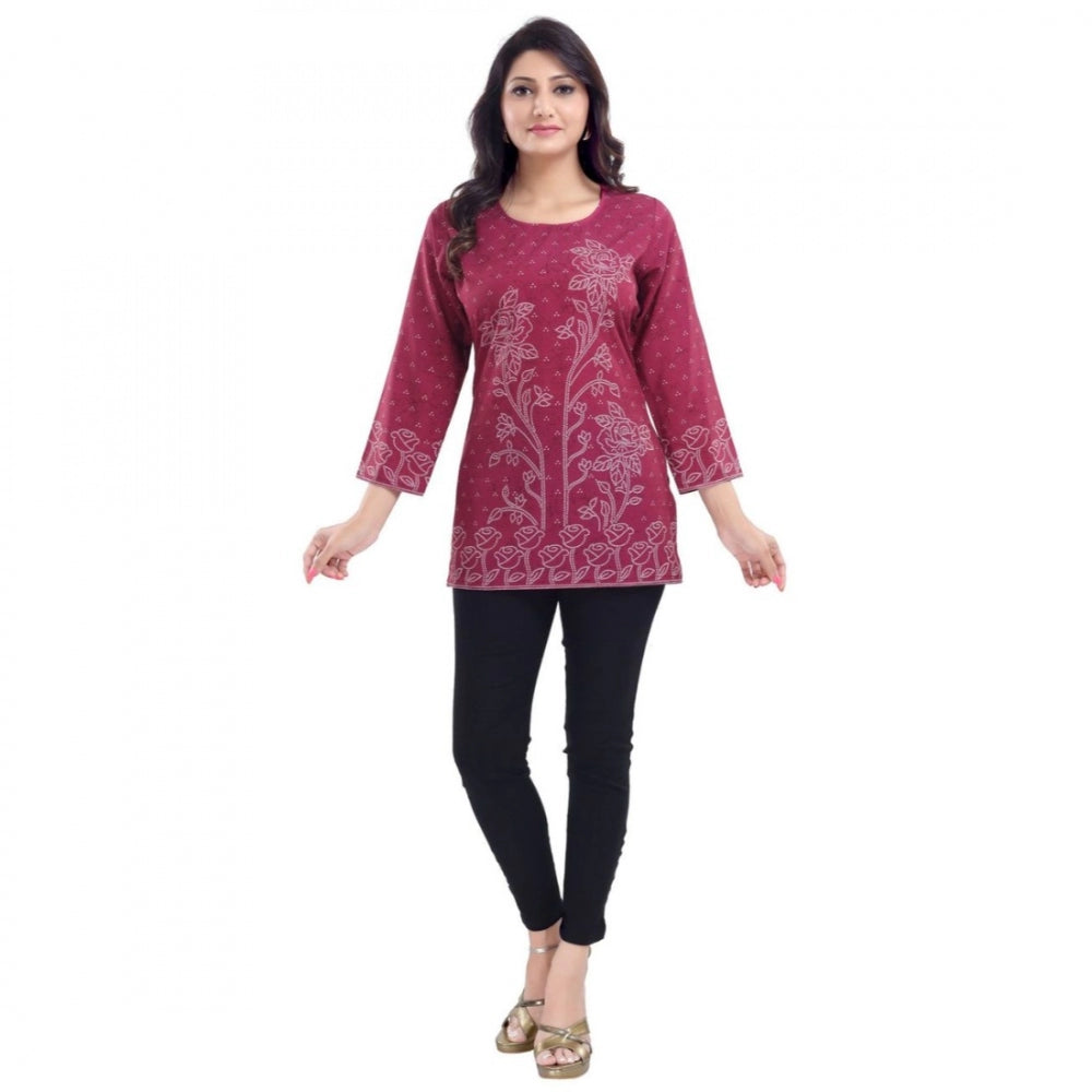 Quarter Sleeve Faux Crepe Printed Short Kurti Tunic Top