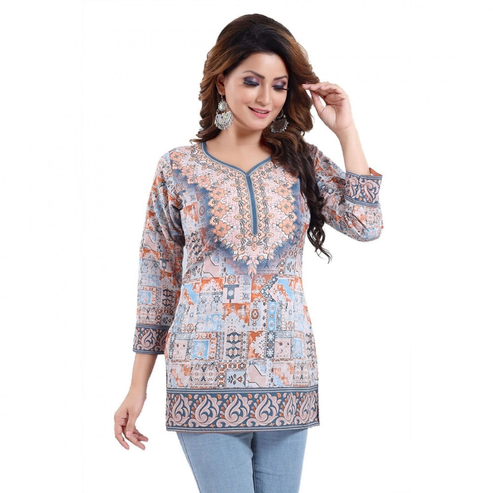 Quarter Sleeve Faux Crepe Printed Short Kurti Tunic Top