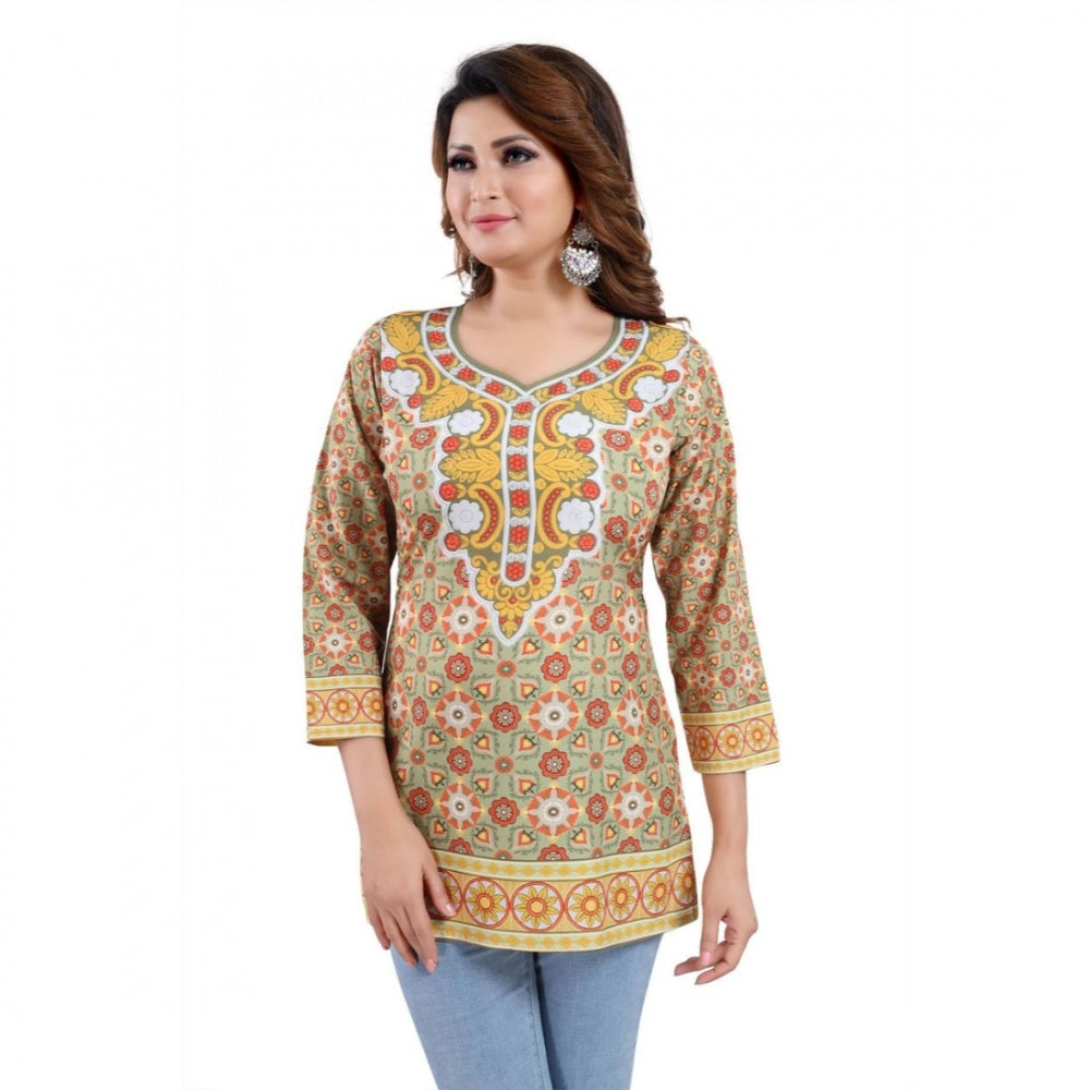 Quarter Sleeve Faux Crepe Printed Short Kurti Tunic Top