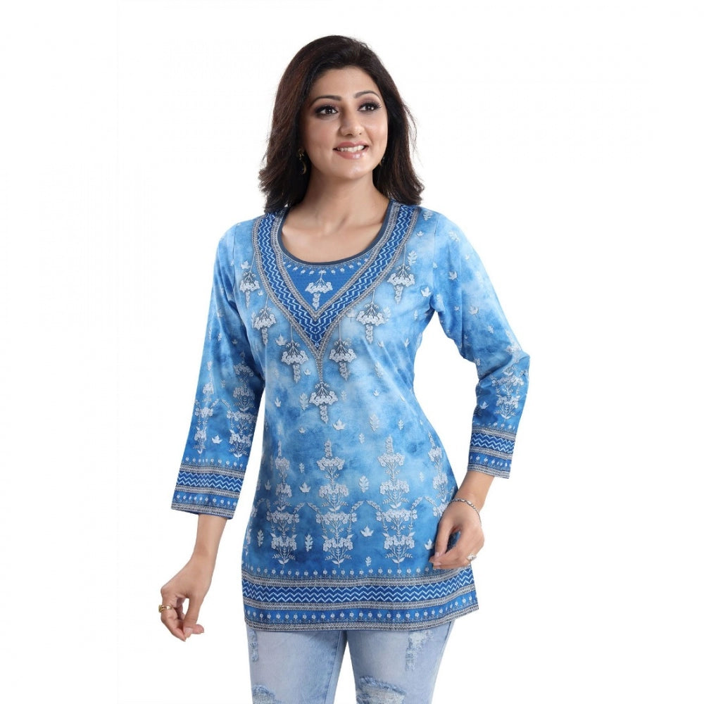 Quarter Sleeve Faux Crepe Printed Short Kurti Tunic Top