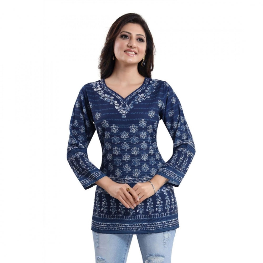 Quarter Sleeve Faux Crepe Printed Short Kurti Tunic Top