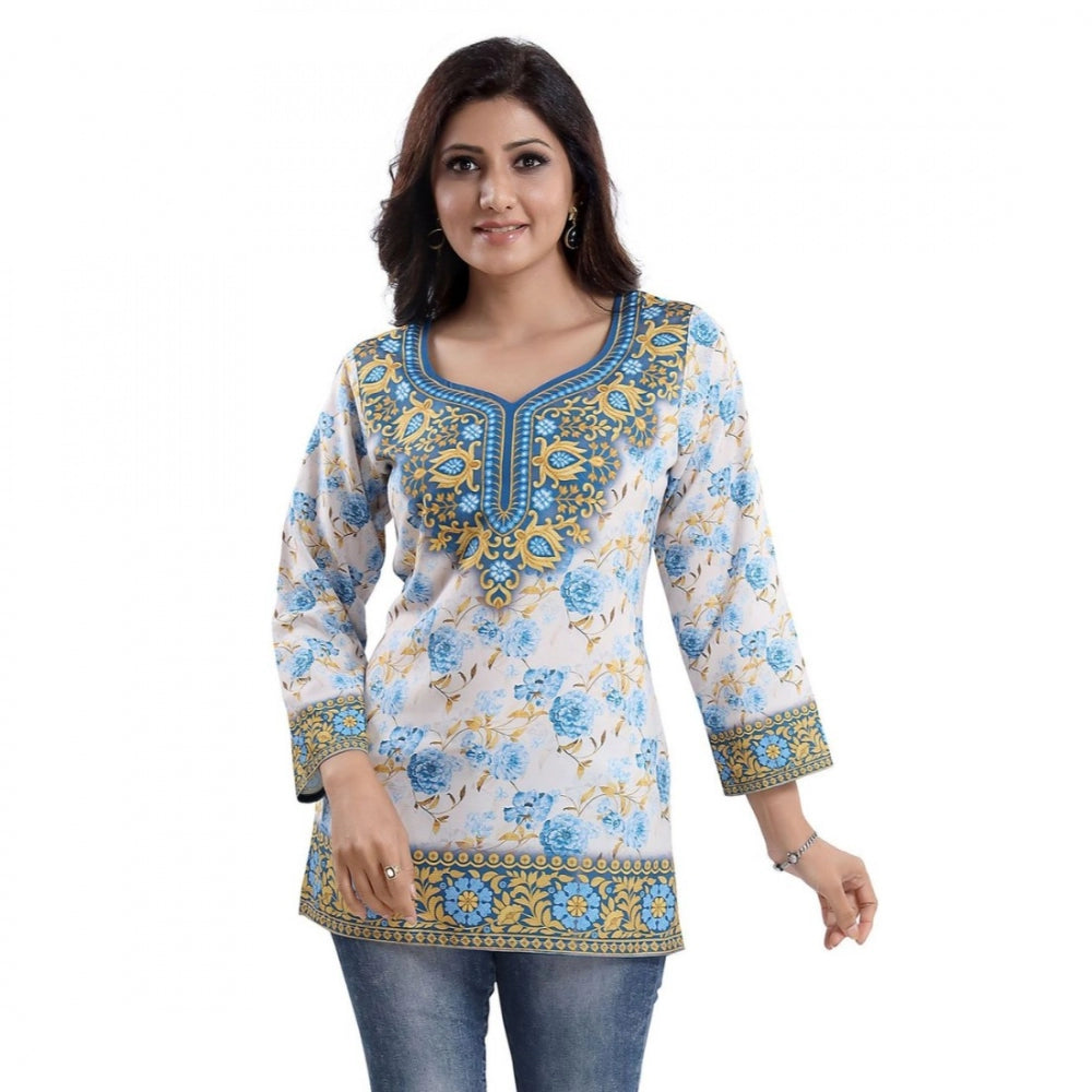 Quarter Sleeve Faux Crepe Printed Short Kurti Tunic Top