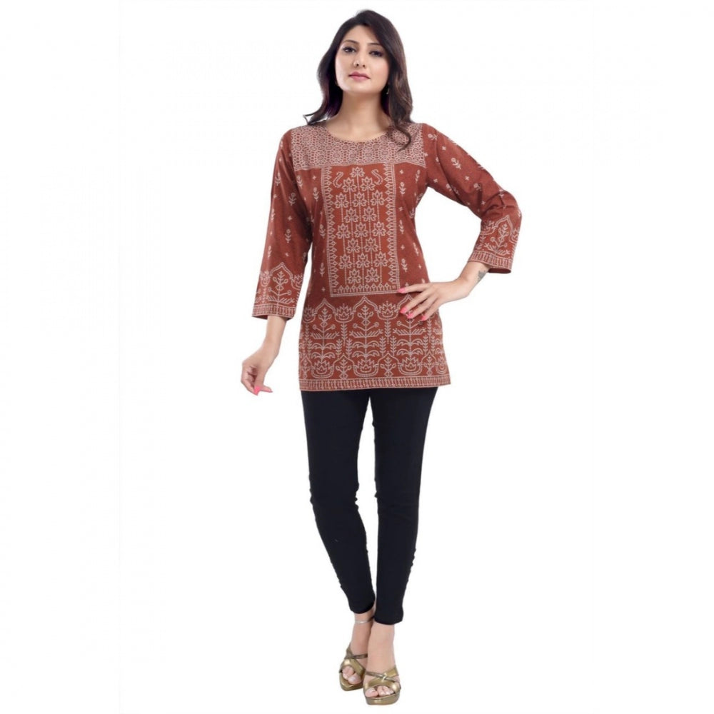 Quarter Sleeve Faux Crepe Printed Short Kurti Tunic Top