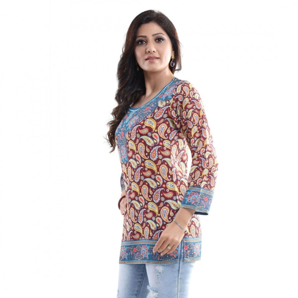 Quarter Sleeve Faux Crepe Printed Short Kurti Tunic Top