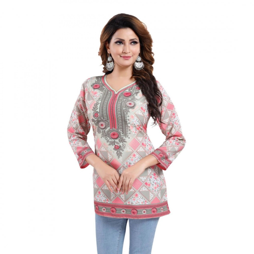 Quarter Sleeve Faux Crepe Printed Short Kurti Tunic Top