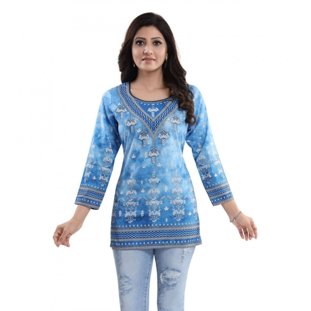 Quarter Sleeve Faux Crepe Printed Short Kurti Tunic Top