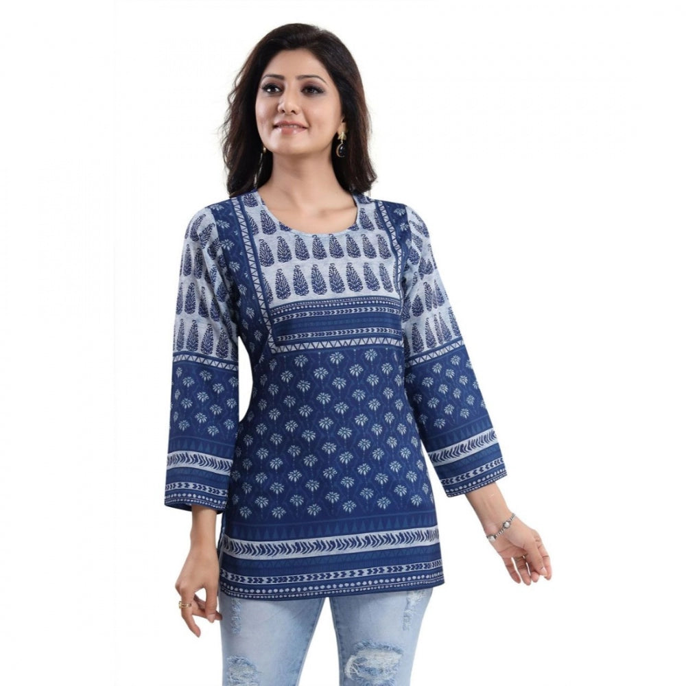 Quarter Sleeve Faux Crepe Printed Short Kurti Tunic Top