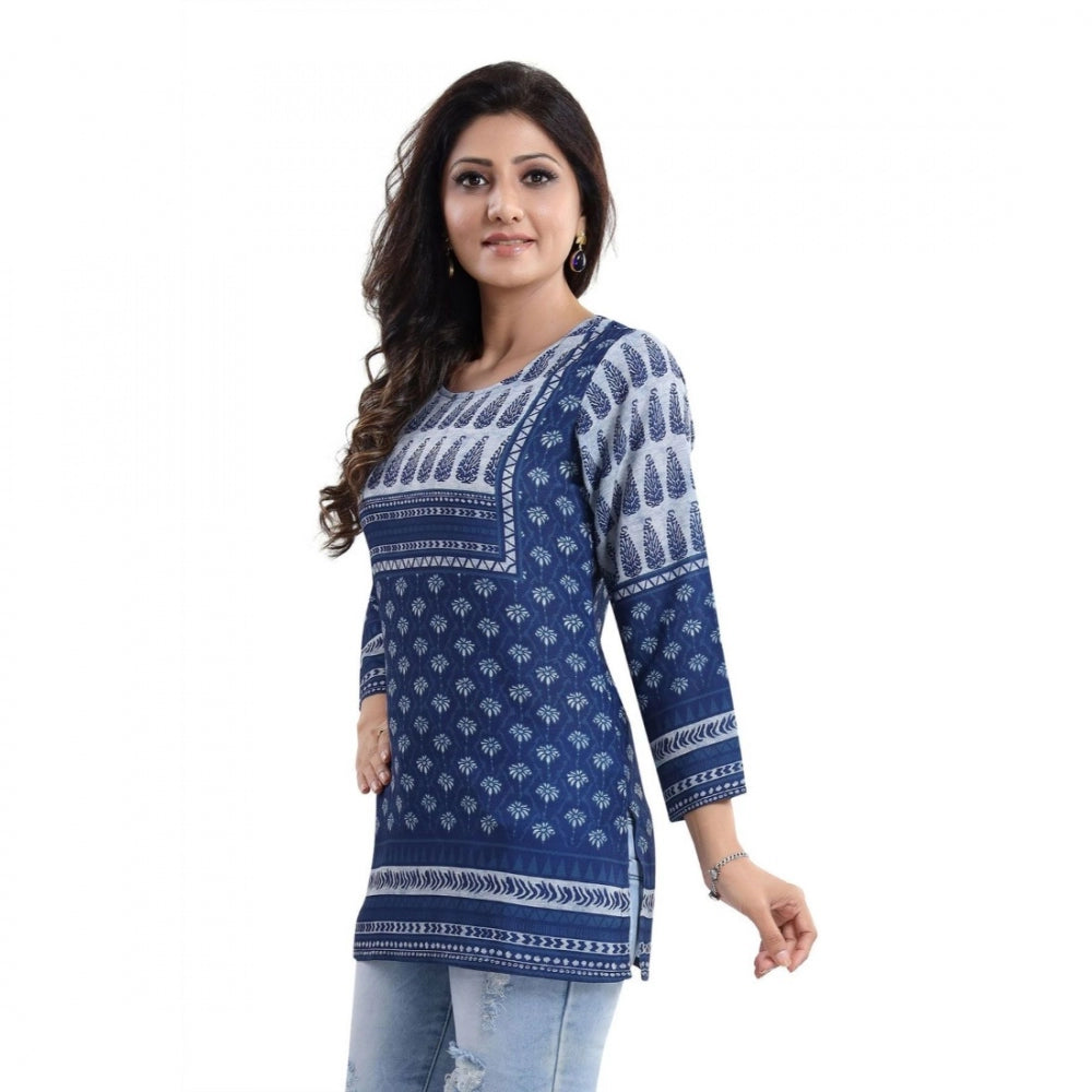 Quarter Sleeve Faux Crepe Printed Short Kurti Tunic Top