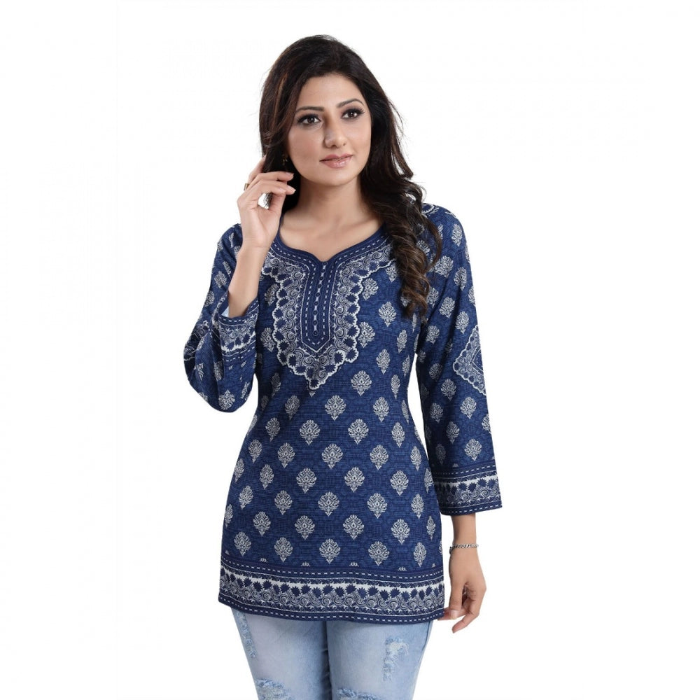 Quarter Sleeve Faux Crepe Printed Short Kurti Tunic Top