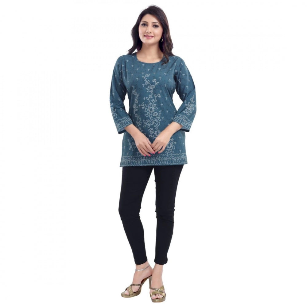 Quarter Sleeve Faux Crepe Printed Short Kurti Tunic Top