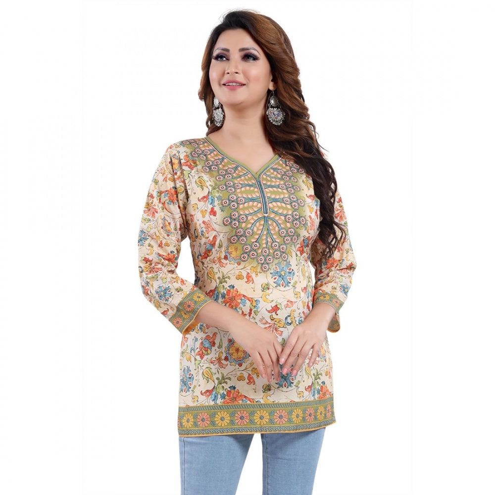 Quarter Sleeve Faux Crepe Printed Short Kurti Tunic Top