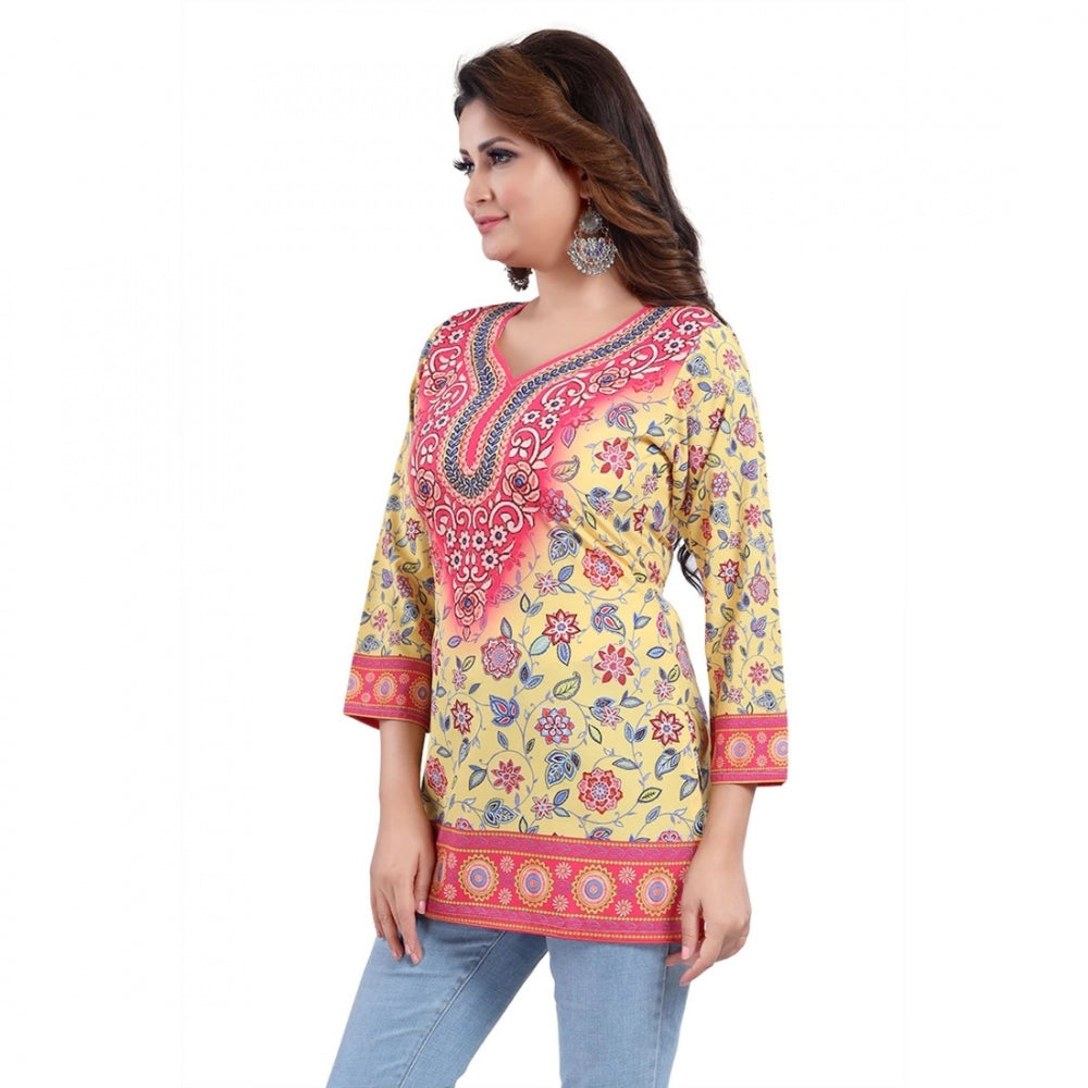 Quarter Sleeve Faux Crepe Printed Short Kurti Tunic Top