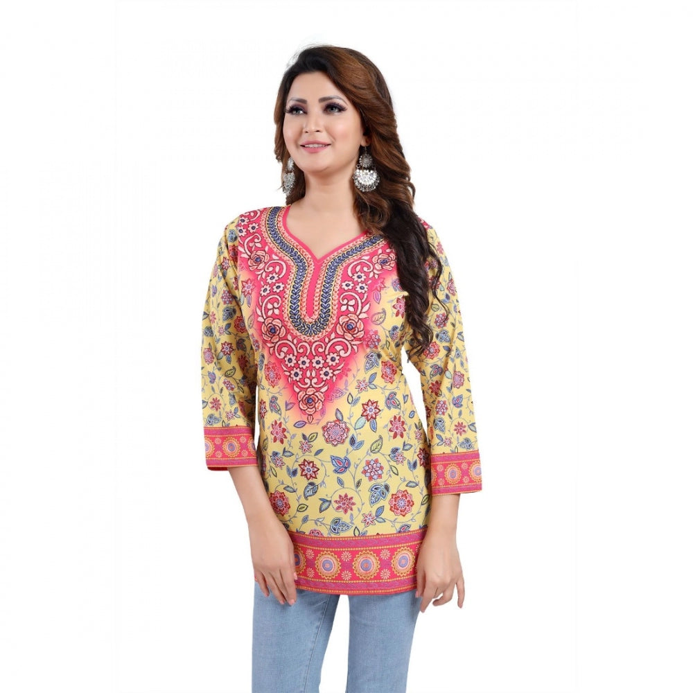 Quarter Sleeve Faux Crepe Printed Short Kurti Tunic Top