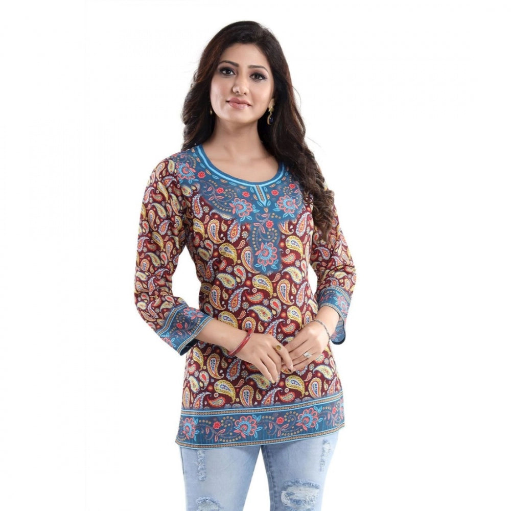 Quarter Sleeve Faux Crepe Printed Short Kurti Tunic Top