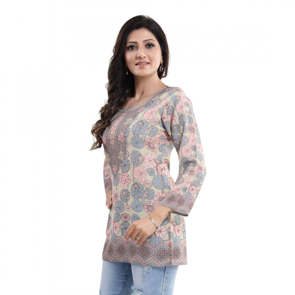 Quarter Sleeve Faux Crepe Printed Short Kurti Tunic Top