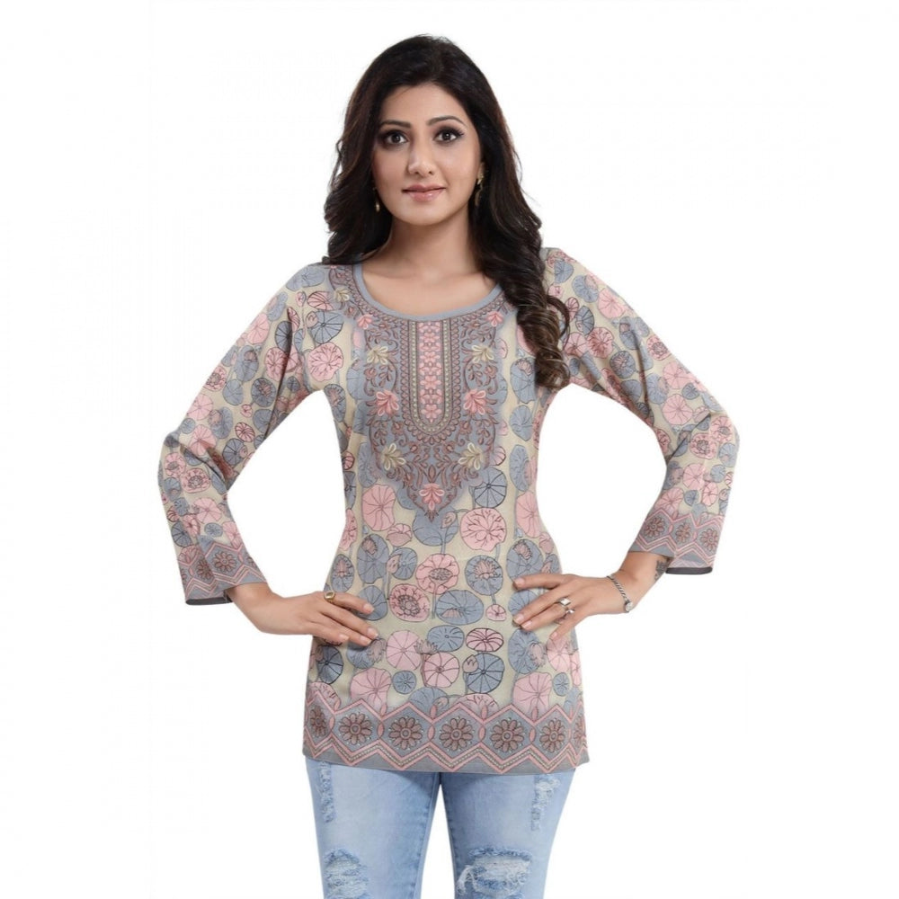 Quarter Sleeve Faux Crepe Printed Short Kurti Tunic Top