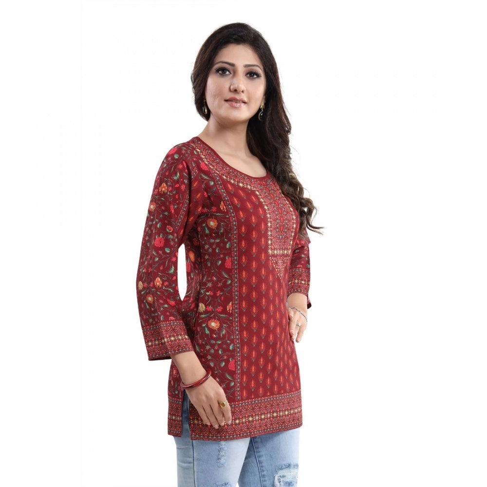 Quarter Sleeve Faux Crepe Printed Short Kurti Tunic Top