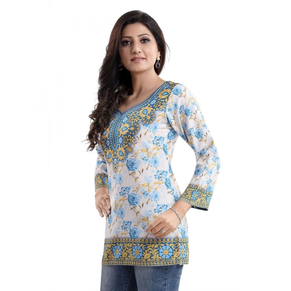 Quarter Sleeve Faux Crepe Printed Short Kurti Tunic Top