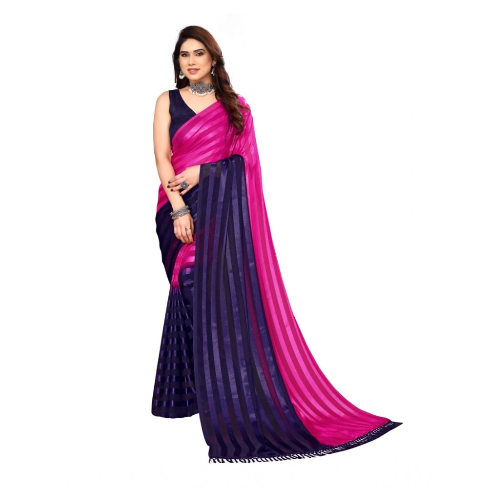 Embellished Striped Bollywood Satin Saree With Blouse