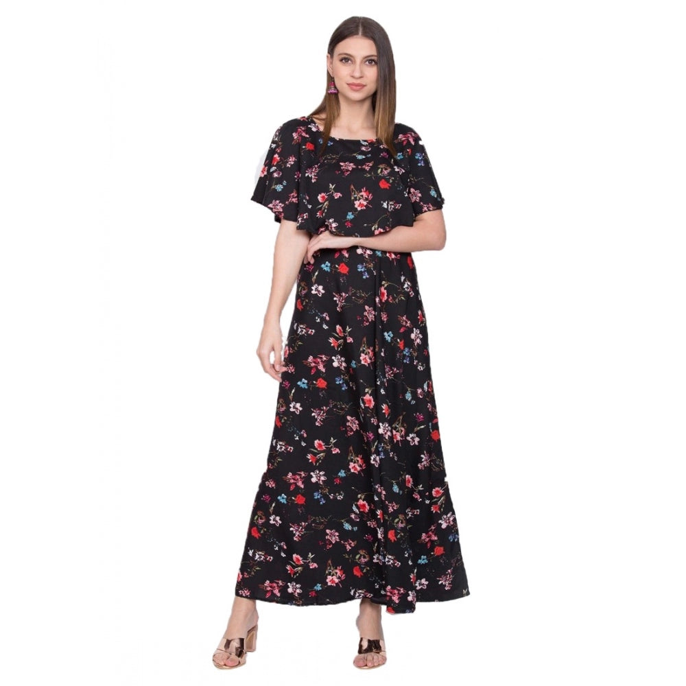 Crepe Floral Half Sleeves Full Length Gown