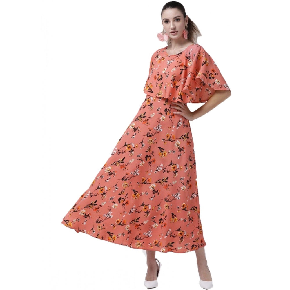 Crepe Floral Half Sleeves Full Length Gown