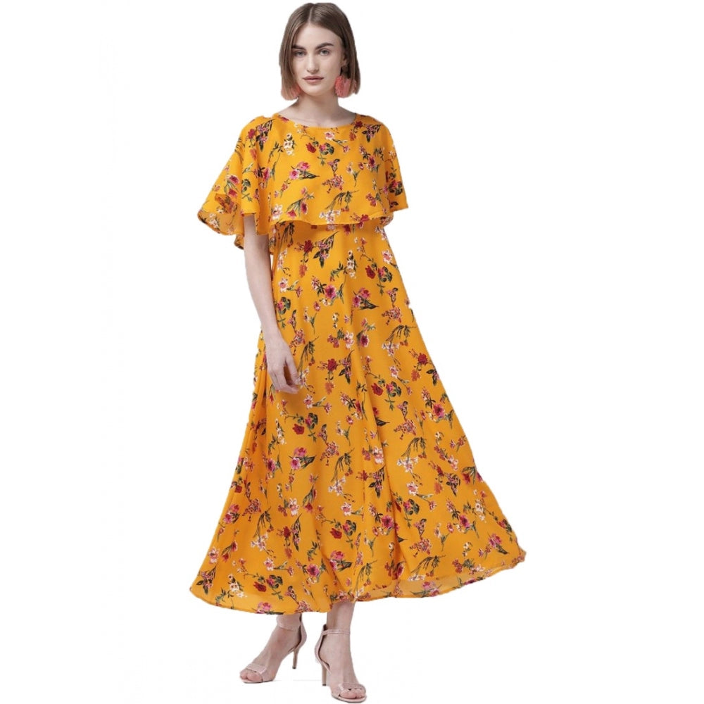 Crepe Floral Half Sleeves Full Length Gown