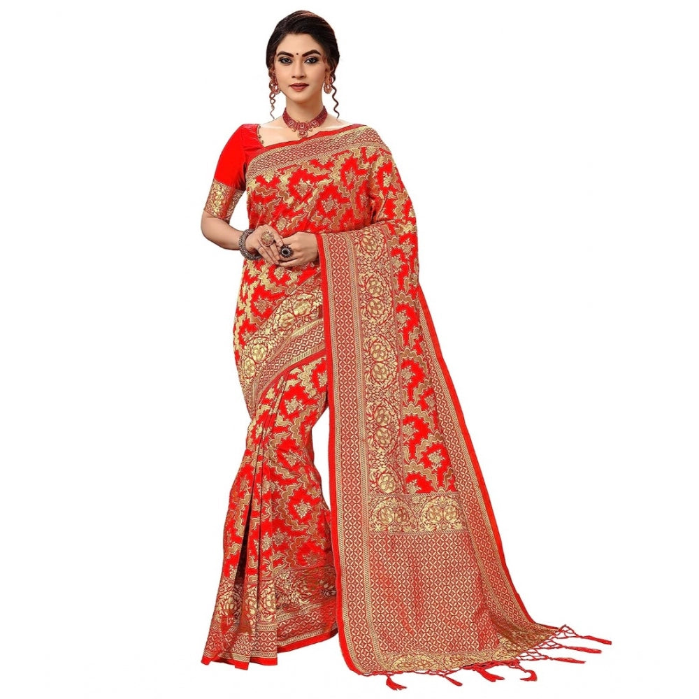 Damask Pattern Jacquard Woven Banarasi Art Silk Saree With Unstitched Blouse Piece