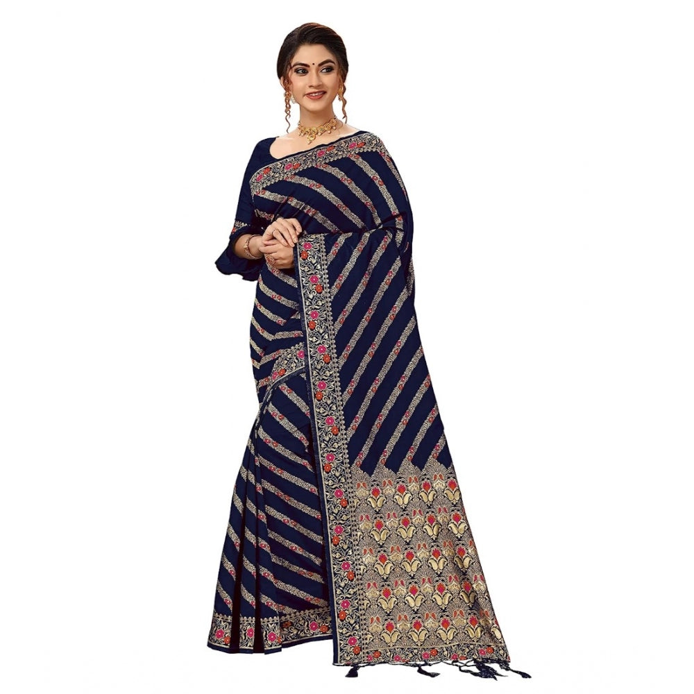 Floral Striped Pattern Jacquard Woven Banarasi Art Silk Saree With Unstitched Blouse Piece