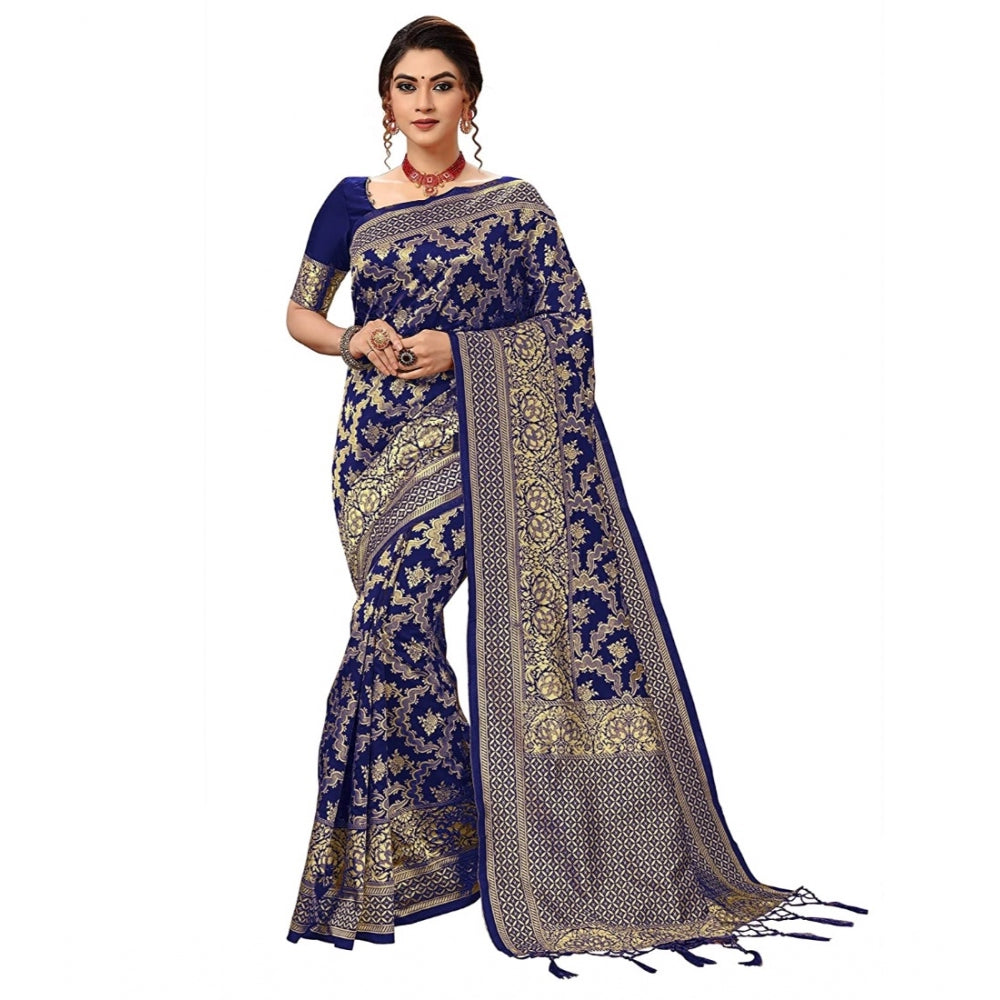 Damask Pattern Jacquard Woven Banarasi Art Silk Saree With Unstitched Blouse Piece