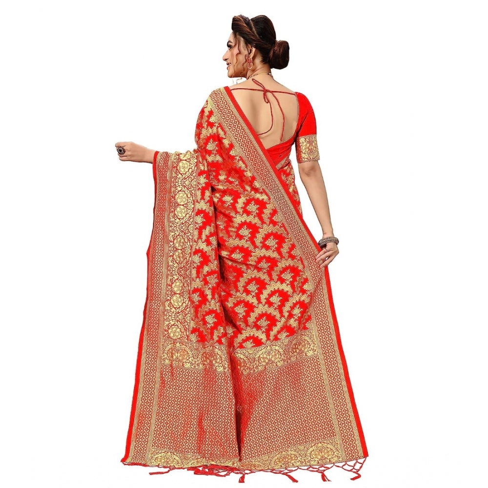 Damask Pattern Jacquard Woven Banarasi Art Silk Saree With Unstitched Blouse Piece