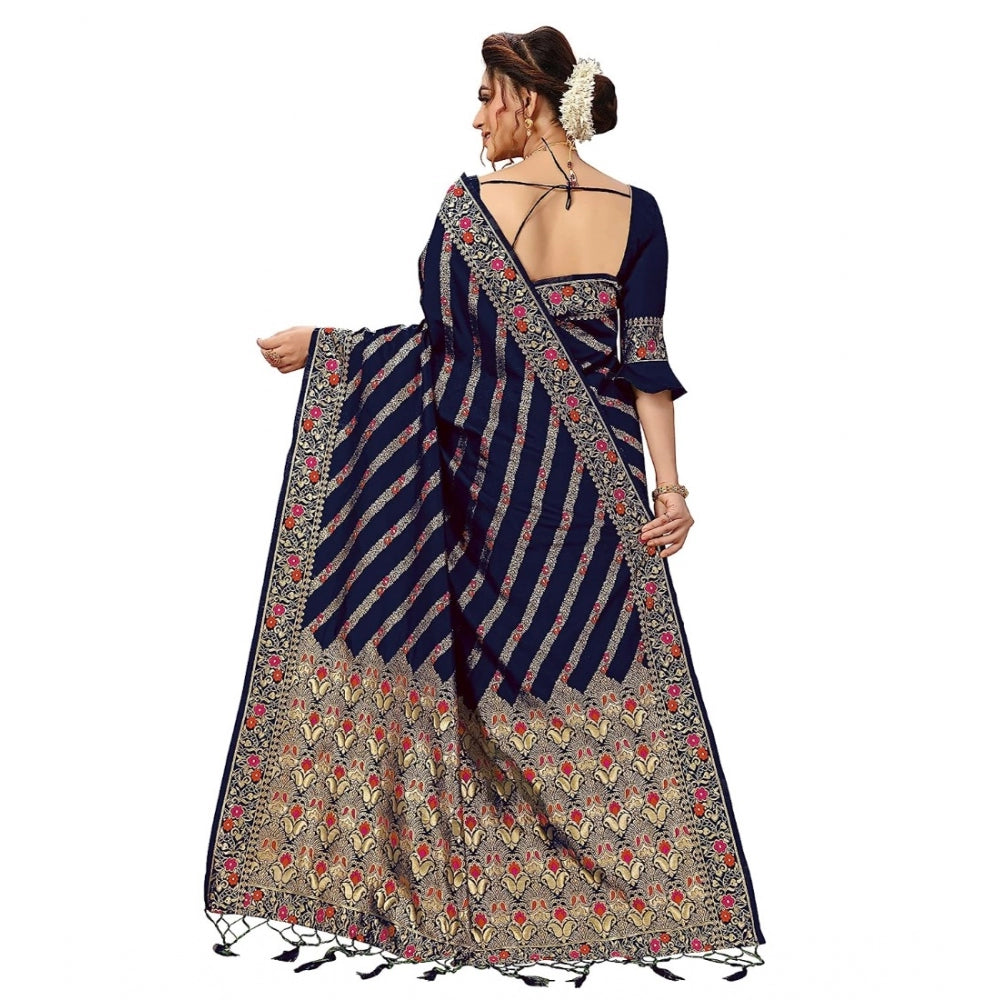 Floral Striped Pattern Jacquard Woven Banarasi Art Silk Saree With Unstitched Blouse Piece