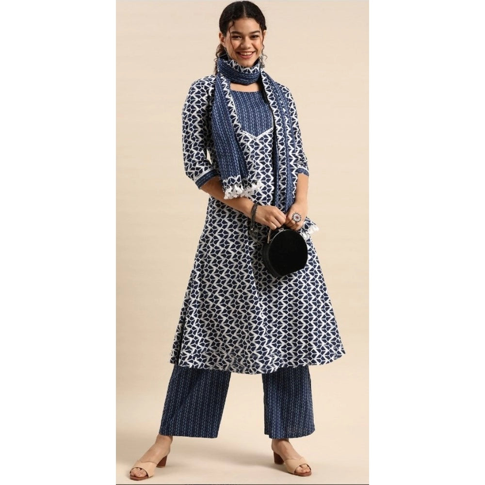 Cotton Blend Printed Work Kurti With Bottom And Dupatta Set