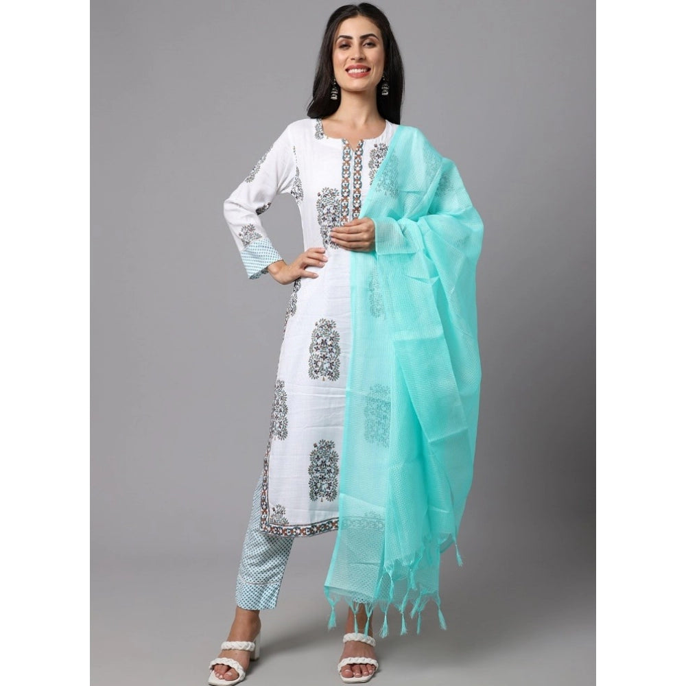 Cotton Blend Printed Work Kurti With Bottom And Dupatta Set