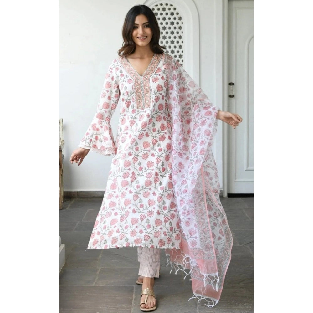 Cotton Blend Printed Work Kurti With Bottom And Dupatta Set