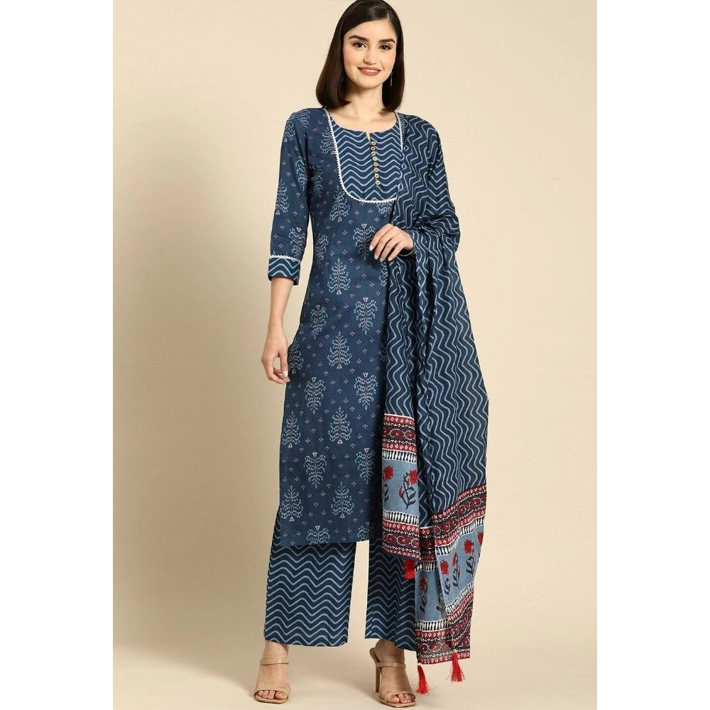 Cotton Blend Printed Work Kurti With Bottom And Dupatta Set