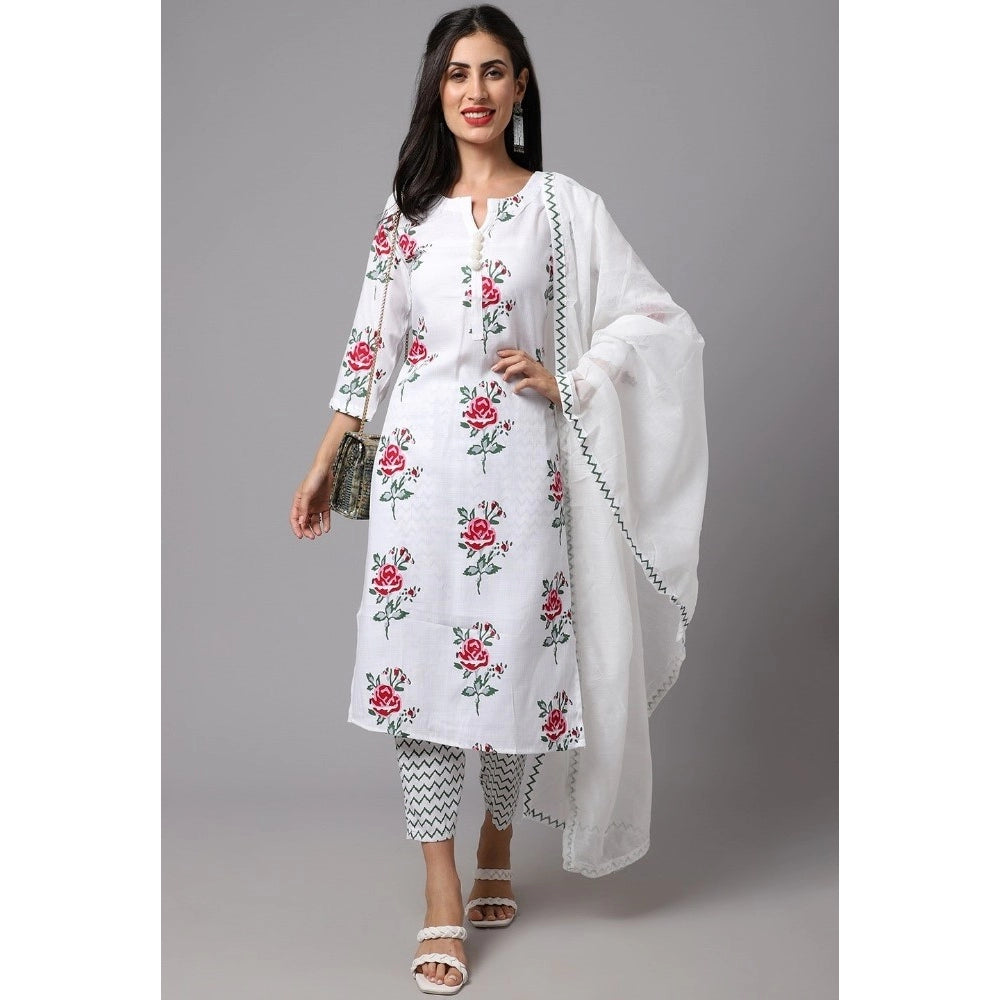 Cotton Blend Printed Work Kurti With Bottom And Dupatta Set