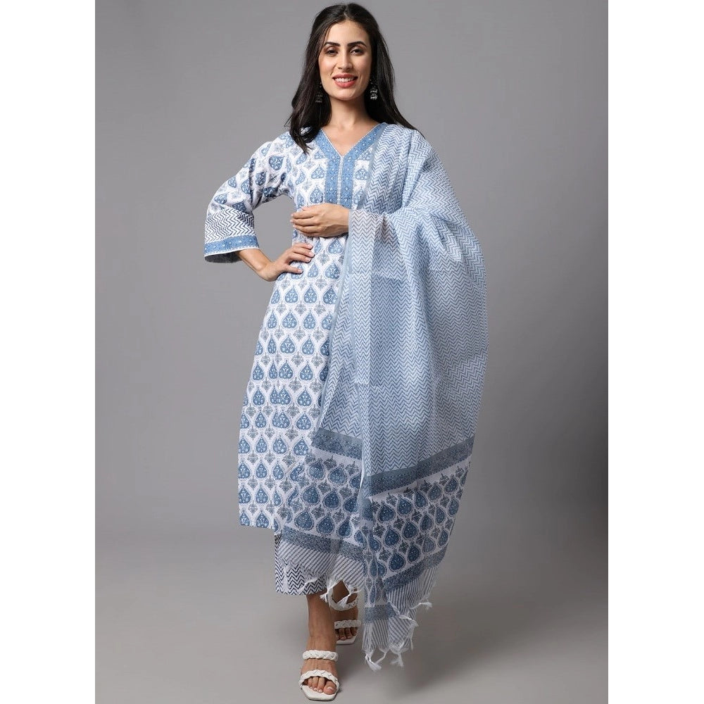 Cotton Blend Printed Work Kurti With Bottom And Dupatta Set